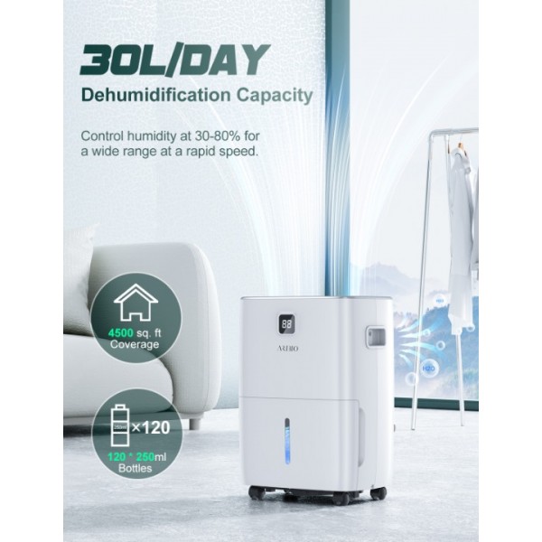 30L/Day Dehumidifiers for Home, Dehumidifiers with Digital Display & Humidity Control, Laundry Dry, 4L Water Tank & Drainage Hose for Damp & Condensation, 24H Timer for Home/Basement/Office/Large Room